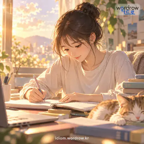 ‘마음을 붙이다’의 첫 번째 뜻을 표현한 그림: 어떤 것에 마음을 자리 잡게 하거나 전념하다.