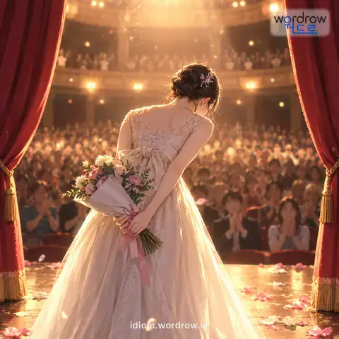 ‘막을 내리다’의 첫 번째 뜻을 표현한 그림: 무대의 공연이나 어떤 행사를 마치다.