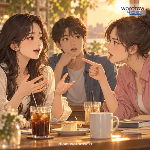 ‘말곁을 채다’의 첫 번째 뜻을 표현한 그림: 남이 말하는 가운데서 어떤 말을 꼬투리로 삼아 말하다.