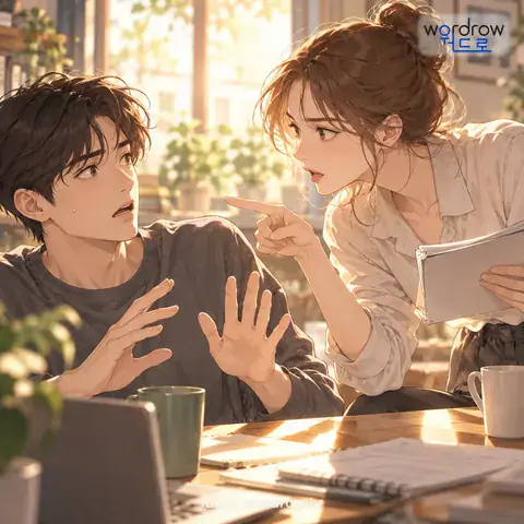 ‘말꼬리를 물고 늘어지다’의 첫 번째 뜻을 표현한 그림: 남의 말 가운데서 꼬투리를 잡아 꼬치꼬치 따지고 들다.