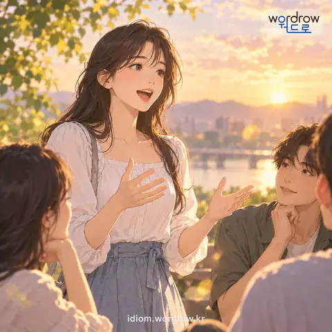 ‘말부리를 헐다’의 첫 번째 뜻을 표현한 그림: 입을 열어 말을 시작하다.