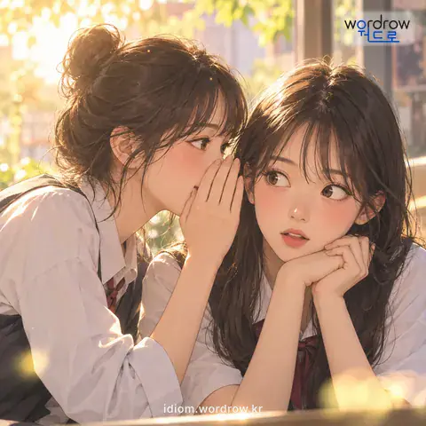 ‘말소리를 입에 넣다’의 첫 번째 뜻을 표현한 그림: 다른 사람에게 들리지 아니하도록 중얼중얼 낮은 목소리로 말하다.