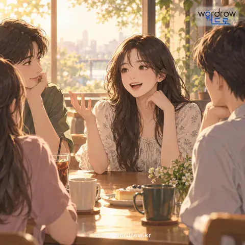 ‘말을 내다’의 첫 번째 뜻을 표현한 그림: 어떤 이야기로 말을 시작하다.