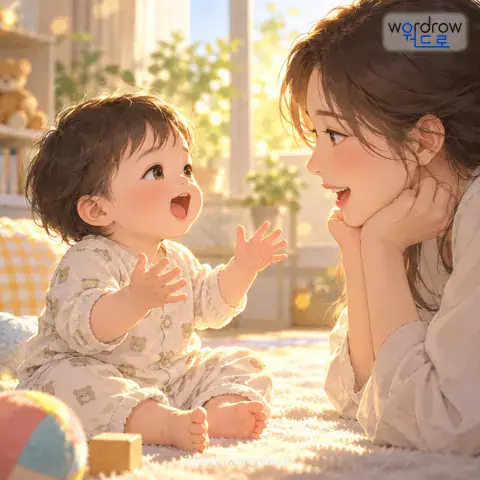 ‘말을 떼다’의 첫 번째 뜻을 표현한 그림: 말을 하기 시작하다.