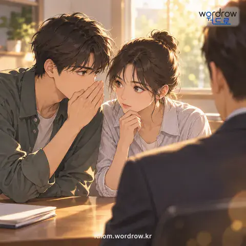‘말을 맞추다’의 첫 번째 뜻을 표현한 그림: 제삼자에게 같은 말을 하기 위하여 다른 사람과 말의 내용이 다르지 않게 하다.