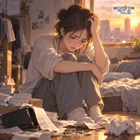 ‘말이 못 되다’의 첫 번째 뜻을 표현한 그림: 사정·형편 따위가 말로 나타낼 수 없을 정도로 좋지 아니하다.
