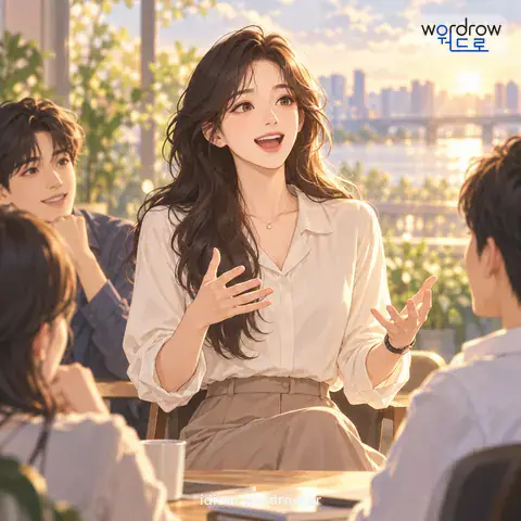 ‘말이 물 흐르듯 하다’의 첫 번째 뜻을 표현한 그림: 말이 거침없이 술술 잘 나오다.