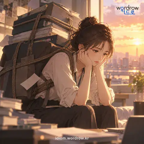 ‘매인 목숨’의 첫 번째 뜻을 표현한 그림: 어떤 것에 눌리거나 구속받는 사람의 신세.