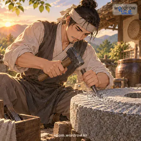 ‘맷돌을 죄다’의 첫 번째 뜻을 표현한 그림: 맷돌이나 매통의 닳은 이를 쪼아 날카롭게 만들다.