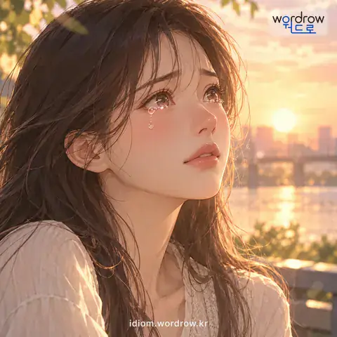 ‘맺거니 듣거니’의 첫 번째 뜻을 표현한 그림: 눈물 따위가 글썽글썽하여 맺히거니 떨어지거니.