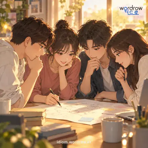 ‘머리를 맞대다’의 첫 번째 뜻을 표현한 그림
