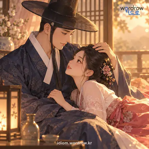 ‘머리를 얹히다’의 첫 번째 뜻을 표현한 그림