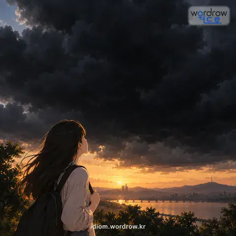 ‘먹장을 갈아 부은 듯하다’의 첫 번째 뜻을 표현한 그림: (비유적으로) 빛이 매우 시커멓고 짙다.