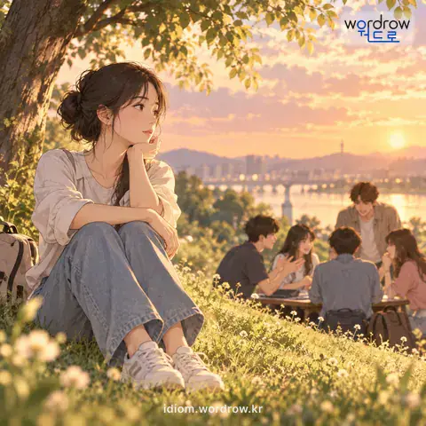 ‘먼전으로 돌다’의 첫 번째 뜻을 표현한 그림: 어떤 일에 직접 관계하지 아니하고 멀리 대하다.