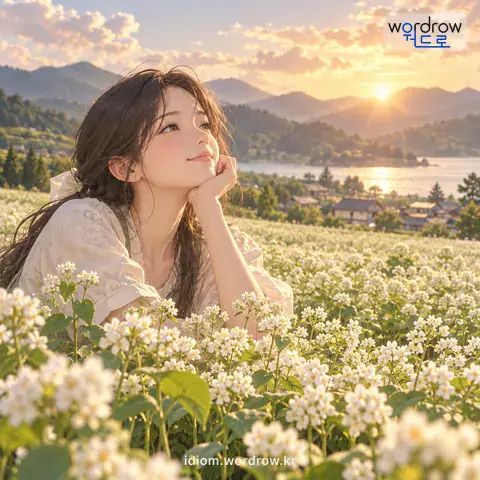 ‘메밀꽃이 일다’의 첫 번째 뜻을 표현한 그림: 메밀꽃이 피다.