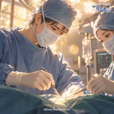 ‘메스를 가하다’의 첫 번째 뜻을 표현한 그림: 수술을 하다.