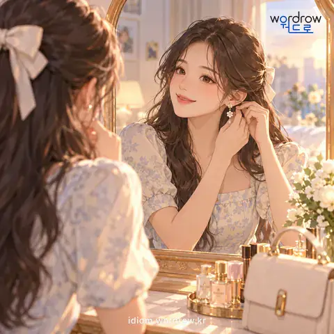 ‘모양을 차리다’의 첫 번째 뜻을 표현한 그림: 꾸미어 맵시를 내다.