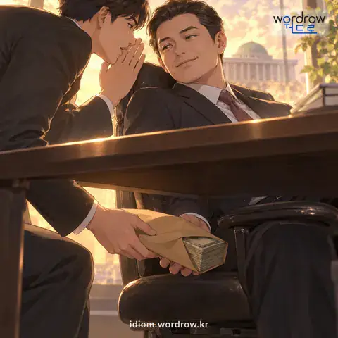 ‘목돈을 찌르다’의 첫 번째 뜻을 표현한 그림: 많은 뇌물을 남모르게 먹이다.