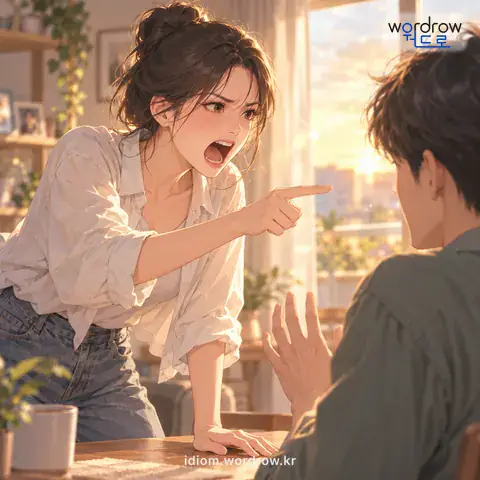 ‘목소리를 곤두세우다’의 첫 번째 뜻을 표현한 그림: 신경질이 나서 목소리를 크게 하여 소리치다.