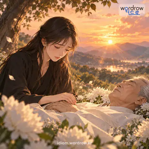‘목숨을 잃다’의 첫 번째 뜻을 표현한 그림: 생명이 없어지거나 끊어지는 것을 완곡하게 이르는 말.