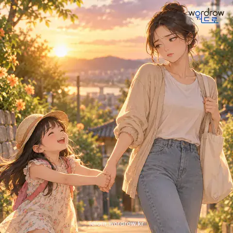 ‘못 이기는 척’의 첫 번째 뜻을 표현한 그림: 마지못한 듯이.
