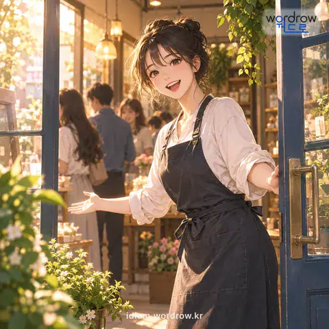 ‘문을 열다’의 첫 번째 뜻을 표현한 그림: 영업 따위를 시작하다.