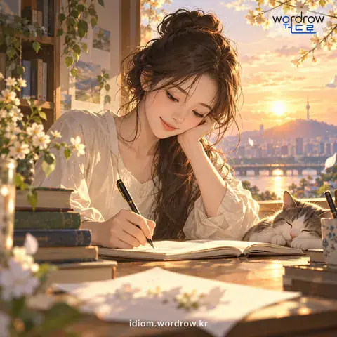 ‘문필이 있다’의 첫 번째 뜻을 표현한 그림: 글을 짓거나 글을 쓰는 재간이 있다.