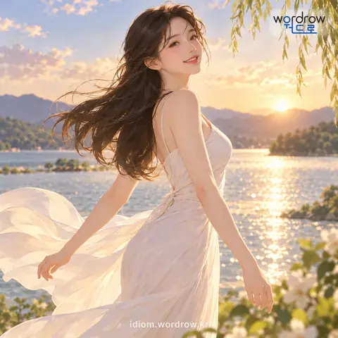 ‘물 찬 제비’의 첫 번째 뜻을 표현한 그림: 물을 차고 날아오른 제비처럼 몸매가 아주 매끈하여 보기 좋은 사람을 비유하여 이르는 말.
