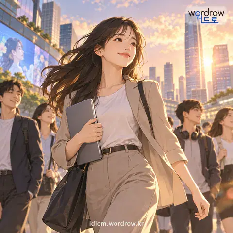 ‘물결을 타다’의 첫 번째 뜻을 표현한 그림: 시대의 풍조나 형세에 맞게 처신하다.