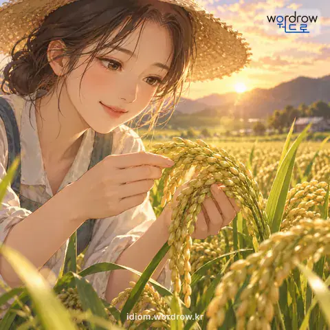 ‘물알이 들다’의 첫 번째 뜻을 표현한 그림: 곡식에 물알이 생기다.