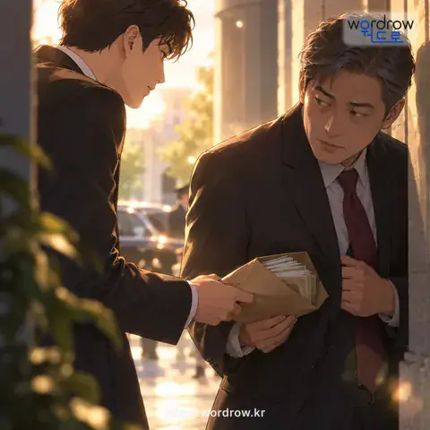‘뭉칫돈을 찌르다’의 첫 번째 뜻을 표현한 그림: 많은 뇌물을 몰래 건네주다.