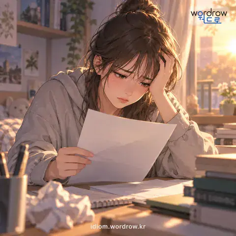 ‘미역국을 먹다’의 첫 번째 뜻을 표현한 그림: (비유적으로) 시험에서 떨어지다.