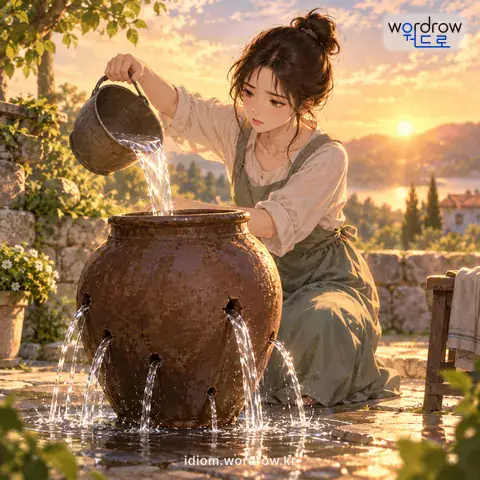 ‘밑 빠진 독’의 첫 번째 뜻을 표현한 그림: 힘이나 비용을 아무리 들여도 한이 없고 들인 보람도 없는 사물이나 상태를 비유적으로 이르는 말.