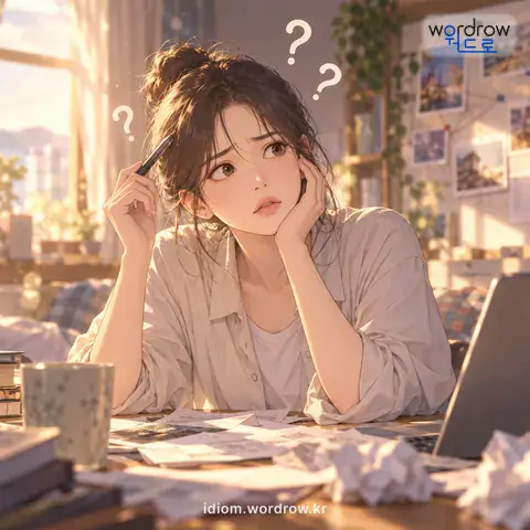 ‘밑도 끝도 모르다’의 첫 번째 뜻을 표현한 그림: 어찌 된 영문인지 일의 속내를 도무지 모르다.