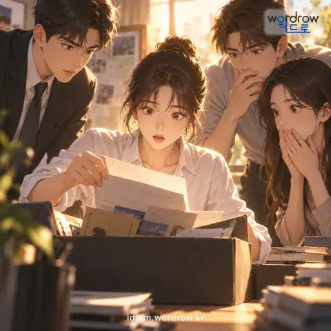 ‘밑이 드러나다’의 첫 번째 뜻을 표현한 그림: 사건이나 일의 내막이 밝혀지다.