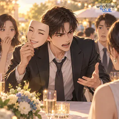 ‘밑천이 드러나다’의 첫 번째 뜻을 표현한 그림: 평소에 숨겨져 있던 제 바탕이나 성격이 표면에 나타나다.