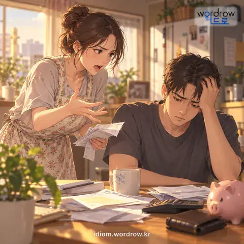 ‘바가지를 긁다’의 첫 번째 뜻을 표현한 그림: 주로 아내가 남편에게 생활의 어려움에서 오는 불평과 잔소리를 심하게 하다.