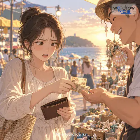 ‘바가지를 쓰다’의 첫 번째 뜻을 표현한 그림: 요금이나 물건값을 실제 가격보다 비싸게 지불하여 억울한 손해를 보다.