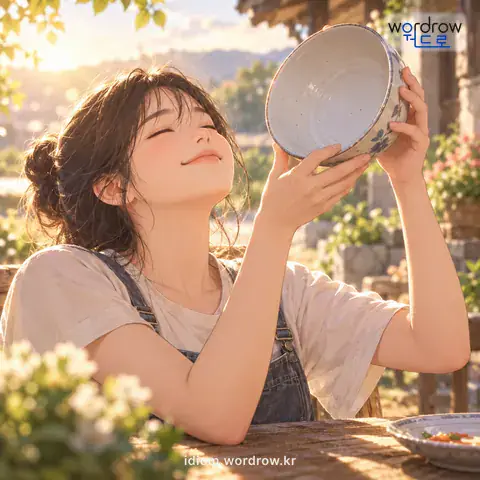 ‘바닥을 비우다’의 첫 번째 뜻을 표현한 그림: 일정한 분량의 것을 남김없이 다 없애다.