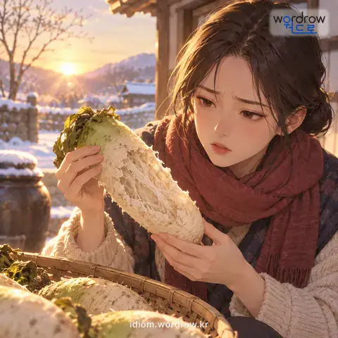 ‘바람이 들다’의 첫 번째 뜻을 표현한 그림: 무 따위가 얼었다 녹았다 하는 바람에 물기가 빠져 푸석푸석하게 되다.