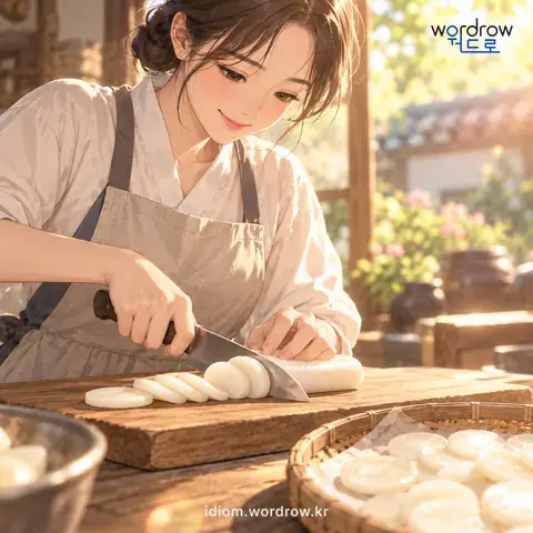 ‘반을 짓다’의 첫 번째 뜻을 표현한 그림: 과자나 떡 같은 것을 둥글고 얇게 조각을 내어 만들다.
