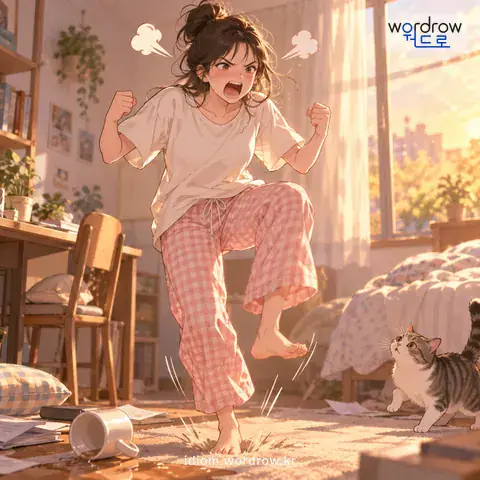 ‘반자를 받다’의 첫 번째 뜻을 표현한 그림: 성이 나서 펄펄 뛰다.