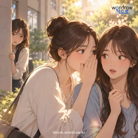 ‘발쇠를 서다’의 첫 번째 뜻을 표현한 그림: 남의 비밀을 캐내어 다른 사람에게 넌지시 알려 주다.
