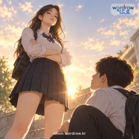 ‘발아래로 보다’의 첫 번째 뜻을 표현한 그림: 어떤 대상을 몹시 무시하고 깔보다.