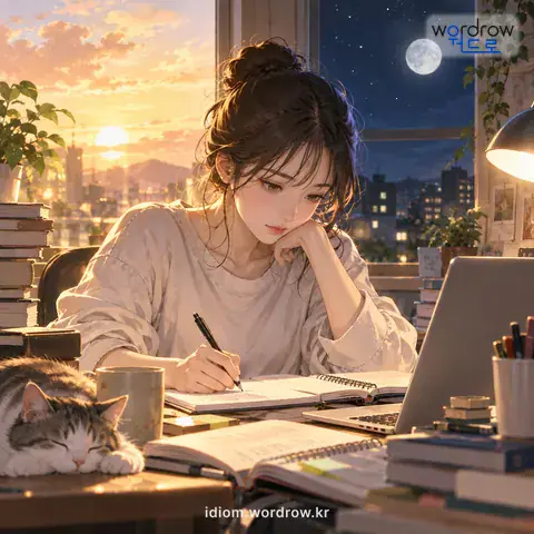 ‘밤낮을 가리지 않다’의 첫 번째 뜻을 표현한 그림: 어떤 일을 시간에 구애되지 않고 계속하다.