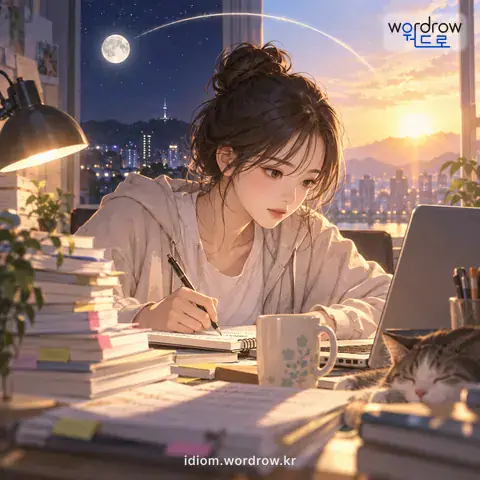 ‘밤낮이 따로 없다’의 첫 번째 뜻을 표현한 그림: 어떤 일을 밤낮을 구분하지 않고 계속하다.