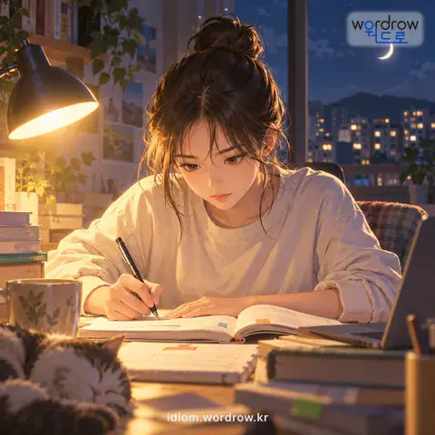 ‘밤이 열이라도’의 첫 번째 뜻을 표현한 그림: 어떤 일을 어느 때까지라도 반드시 끝내고야 말겠다는 뜻을 강조하여 이르는 말.