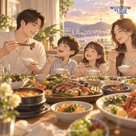 ‘밥술깨나 먹다’의 첫 번째 뜻을 표현한 그림: 사는 형편이 먹는 데에 크게 신경 쓰지 않아도 될 만큼 좀 넉넉하다.