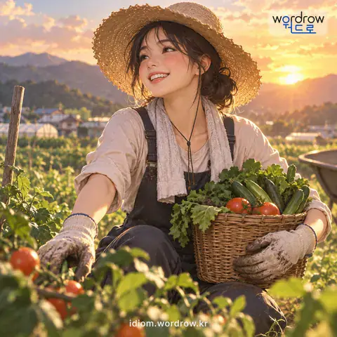 ‘밥을 벌다’의 첫 번째 뜻을 표현한 그림: 일정한 노력을 들여서 먹을 것이나 대가를 얻다.