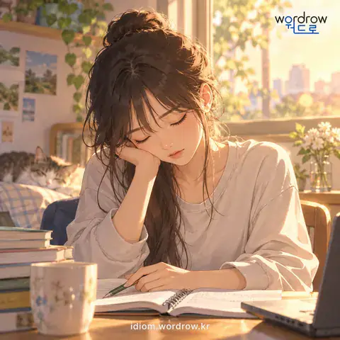 ‘방아를 찧다’의 첫 번째 뜻을 표현한 그림: 방아를 찧듯이 고개나 몸을 끄덕이다.